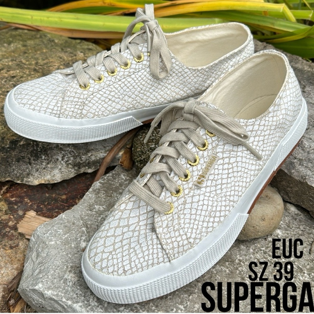 Unique Snake Print Superga Tennis Shoes-Euro Sz 39-Gold Tone/Beige/White Colors